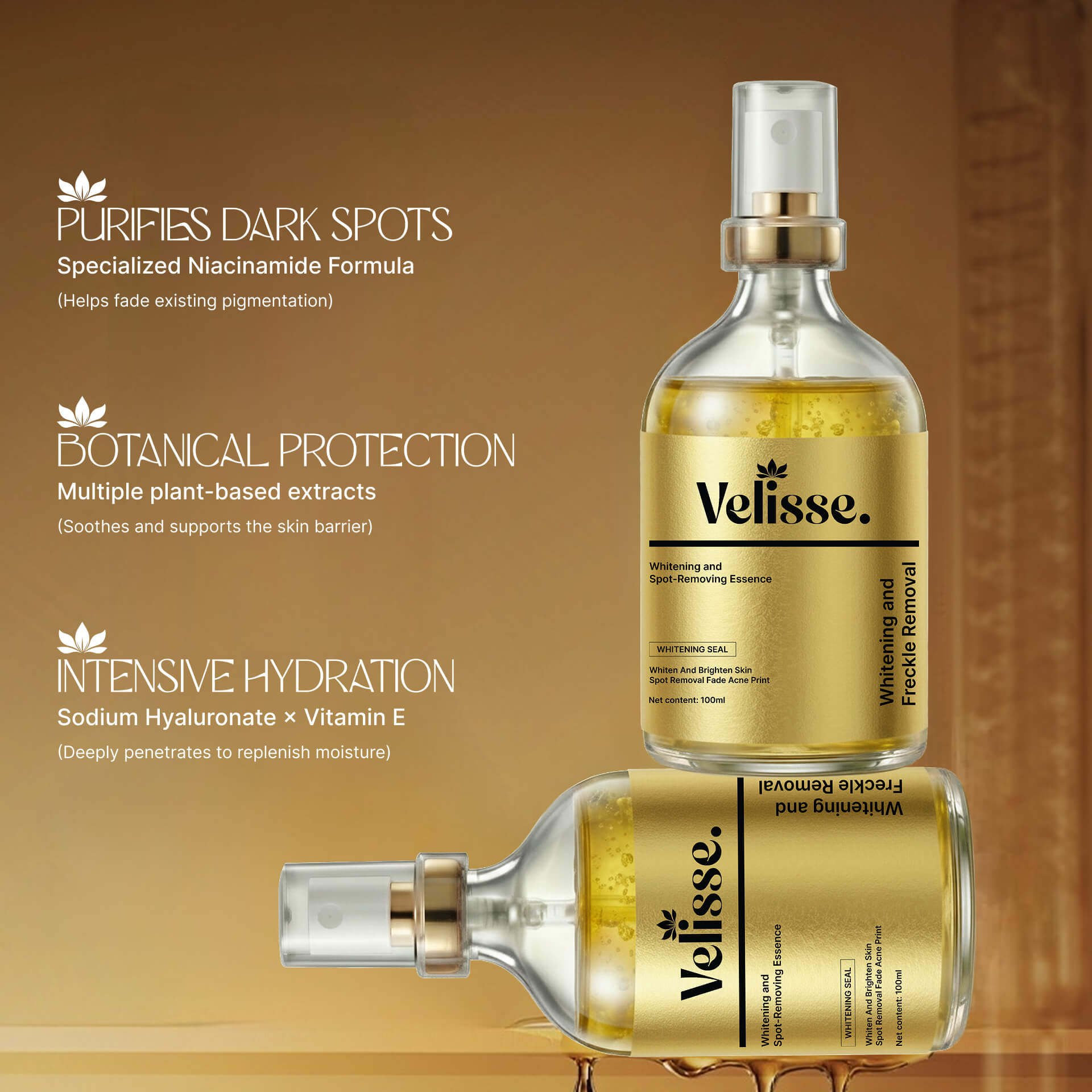 Velisse gold essence spray texture and glow-care concept